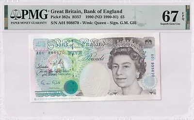 Great Britain A01 First Run P#382a 5 Pounds Banknote  Gill PMG 67 Gem UNC • $139.99