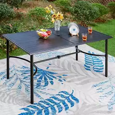 Metal Garden Dining Table Outdoor Patio W/ Umbrella Hole Rectangle Table Black • £145.99