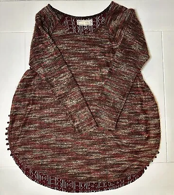 Anthropologie A'reve Boho Shirt Women’s L Knit Maroon Lace Back With Pom Pom • $6.99