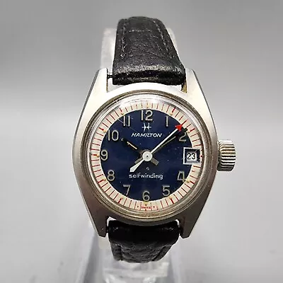 VTG Hamilton Watch Women 23mm Blue Dial Silver Tone Date Automatic Round Runs • $149.99