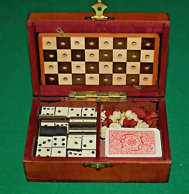 £180 • Buy Antique Miniature Games Compendium Box With Chess, Dominoes, Draughts Etc.