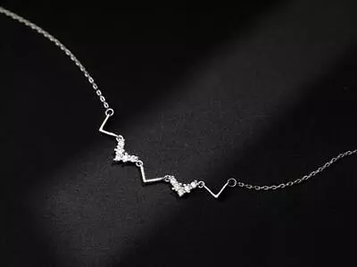 Wave Silver Pave Cubic Zirconia V W Shape Pendant Choker Necklace • $9.99