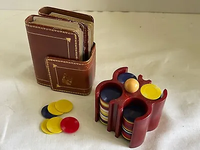  Leather Book Shaped Double Card Deck Holder Bakelite MINI Poker Chips 1930'S • $195