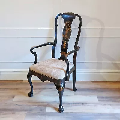 Antique Chinoiserie Victorian Armchair Black Lacquered Queen Anne Style • £1250