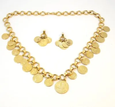 Vintage VN BALBOA Spanish Coin Treasure Necklace Earrings Set Goldtone  • $79.98
