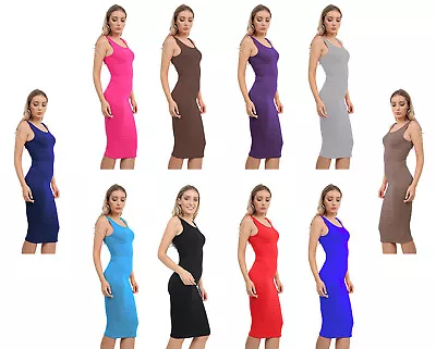 New Womens Strappy Bodycon Dress Ladies Sleeveless Stretch Bodycon Midi Dress • £7.99