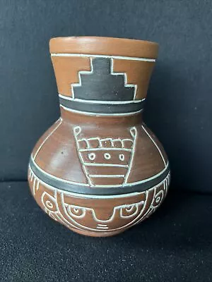 VTG Mexican Aztec Mayan Folk Art Terracotta Clay Vase Signed Leopaldo De Mexico • $14.95