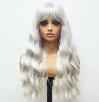 Platinum Blonde Wig - Long Wavy Silver White Human Hiair Synthetic Hair Blend  • $59.99