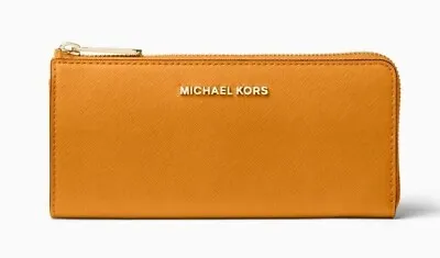 New Michael Kors Jet Set Travel Large Leather Quarter-Zip Wallet Honeycomb • $75.90