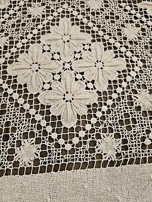 Italian Filet Lace Tablecloth Ivory Hand Crochet 46x62 Vintage Gorgeous • $49