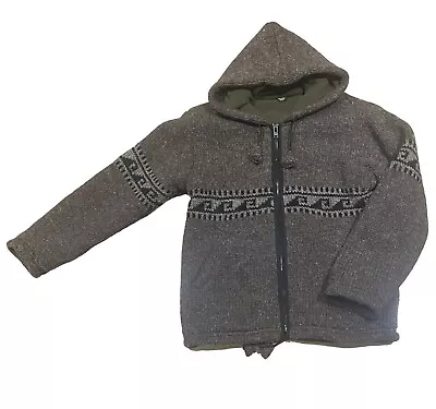 Nepal Wool Knit Fleece Lined Hooded Zip Sweater Brown Black Wave Unisex Small • $120