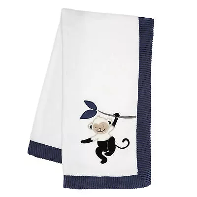 Lambs & Ivy Jungle Party White/Navy Monkey Soft Fleece Baby Blanket • $22.99