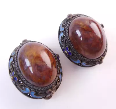 Vtg Chinese Tourmaline (?) Dark Reddish Purple Stone Sterling Enamel Earrings • $26