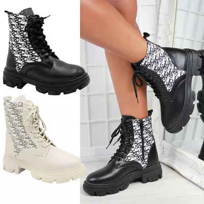 Ladies Sock Ankle Lace Up Mid Calf Boots Women Chelsea Chunky Comfy Winter Shoes • £24.95