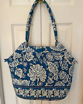 Vera Bradley Blue Lagoon Large Tote Handbag Purse Blue Black White Floral • $29.50