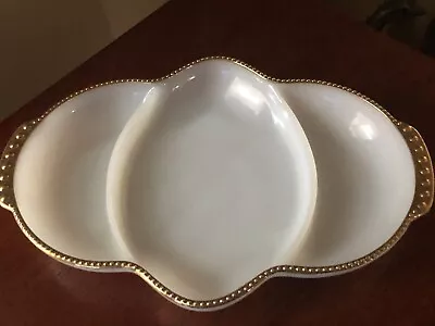 Milk Glass Relish Tray Vintage Gold Trim Perfect Condition Fire King • $14