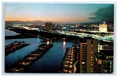 Postcard Evening Lights Honolulu Ala Wai Yacht Harbor Aerial View Waikiki Hawaii • $4.95