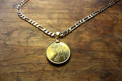 MENS Cleopatra Egyptian Piastres Brass Coin Pendant 18KGF 24  GOLD FILLED CHAIN • $69.02