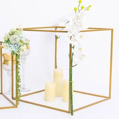 2 MATTE GOLD 20  Tall Geometric Metal Cube Stands Wedding Flower Vase Holders • $25.61