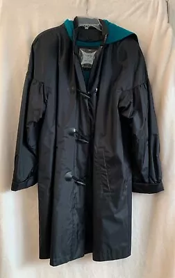 Vintage Chiango Womens Black Trench Coat Zip & Toggle Removable Hood & Lining Lg • $29.95