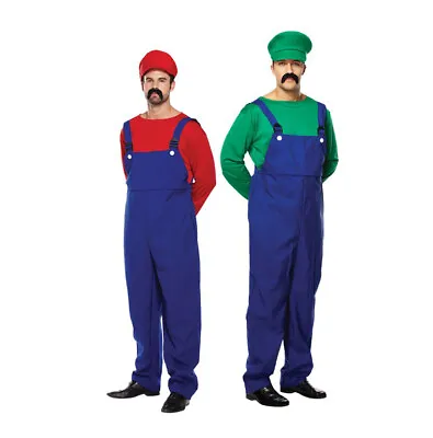 Mens Mario & Luigi Fancy Dress Outfit Super Mario Plumber Overalls Game Costume • £10.99