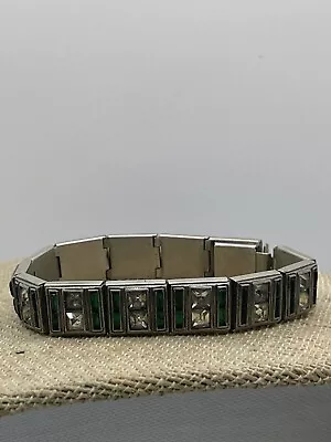 Vintage Estate Art Deco Style Emerald Green Rhinestone Silver Tone Bracelet • $35