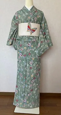 Japanese Polyester Kimono With Silk Nagoya Obi Free Shipping From Japan • $60