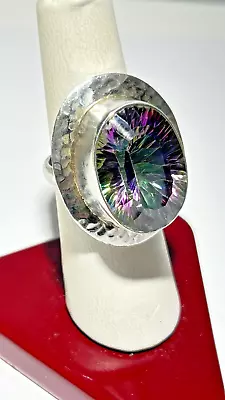 Large Hammered 925 Sterling Silver Mystic Topaz  Ring Size 8 • $19.99