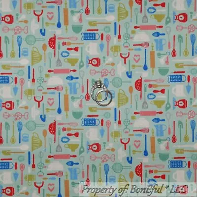 BonEful FABRIC FQ Cotton Quilt Blue Red White VTG RETRO Kitchen Small Bake Cook • $5.13