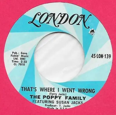 $2.99 • Buy The Poppy Family Susan Jacks Terry Jacks That's Where I Went Wrong 45 Rpm Record