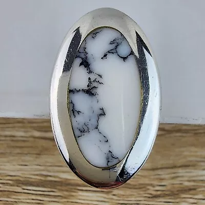 Authentic 925 Solid Sterling Silver Large Flat Oval Howlite Stone Ladies Ring • $39.95