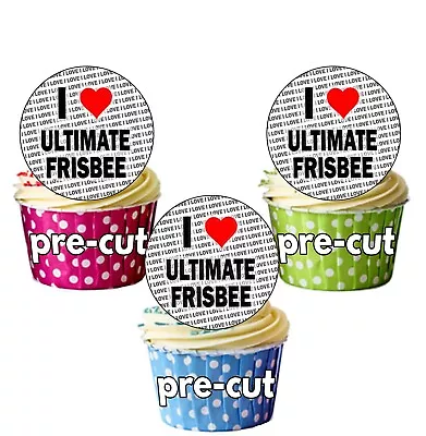 I Love Ultimate Frisbee - 24 Edible Circle Cupcake Toppers Cake Decorations • £3.45