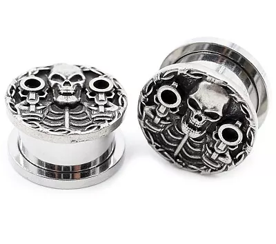 Pair Skull Pistol Skeleton Ear Gauges Ear Tunnels Plugs Piercings Body Jewelry • $15.01