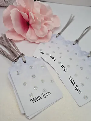 10 White & Silver Glitter With Love Gift Tags Wedding Favour Birthday Handmade • £2.99