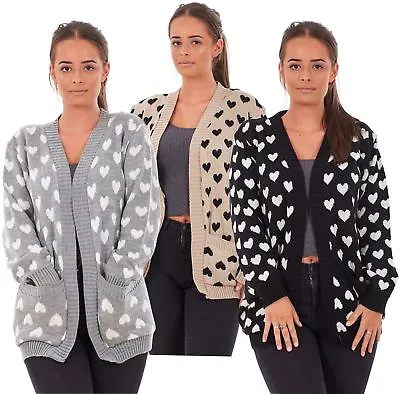 £11.95 • Buy New Ladies Heart Knitted Cardigan Pockets Long Sleeve Regular Big Sizes S To 3XL