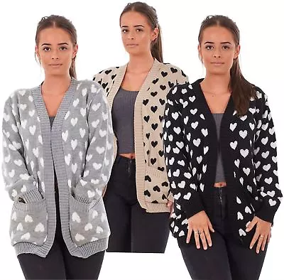 £11.95 • Buy New Ladies Heart Knitted Cardigan Pockets Long Sleeve Regular Big Sizes S To 3XL