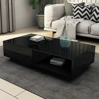 Modern Coffee Table Storage Drawer Shelf Cabinet High Gloss Furniture Black New • $149.95