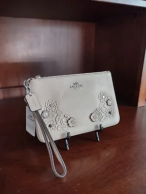 Coach Wristlet Wallet Tea Rose Floral Tooled Leather Applique Stone Beige 12056  • $135