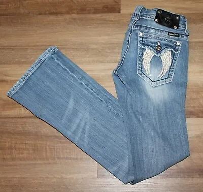 NEW! Miss Me SIZE 25 X 32.5  Distressed Rhinestone Wing Pocket Boot Cut Jeans • $65.99