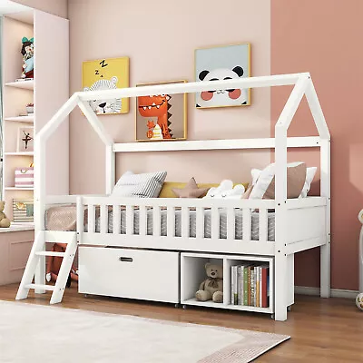 Kids Single Bunk Loft Cabin Bed Children Mid Sleeper With Drawer And Compartment • £262.17