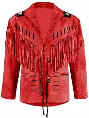 Men Native American Cowboy Leather Jacket Fringe & Beads Western Suede Jacket • $119.99