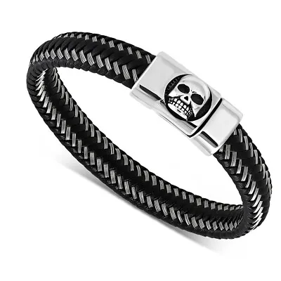 Stainless Steel Silver-Tone Black Leather Skull Wristband Bracelet 8.5  • $19.99
