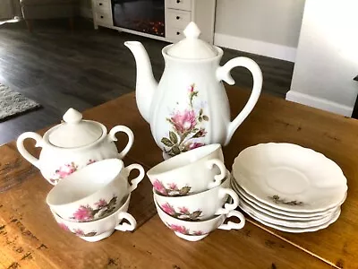 Vintage Moss Rose Tea Set- Hand-painted Porcelain Coffee Tea Pot 13 Piece Set • $25