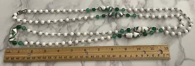 Coro Signed Vintage Milk Glass Green Beaded Flapper Style 60  Necklace XS-22 • $39