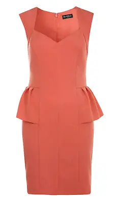 Miss Selfridge Coral Pink Peplum Bodycon Dress 12 Smart Party Work Races Wedding • £20.99
