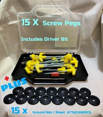 $49.95 • Buy Screw In Tent Pegs 15 Pk Heavy Duty Drill Socket Camping Flat Mat Attachments