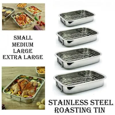 £10.99 • Buy Stainless Steel Deep Roasting Tray Oven Pan Grill Rack Baking Roaster Tin Tray 