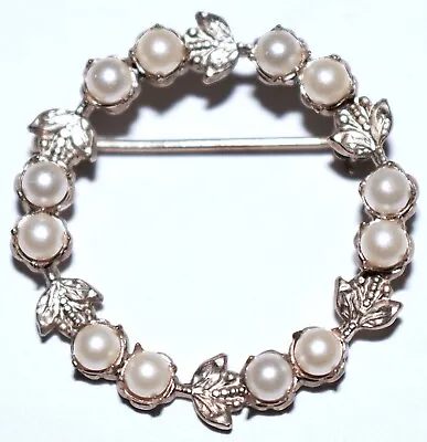 Vintage Wreath Circle Brooch Pearls Silver Floral Leaves 1  Mikimoto?? FreeS&H • $18