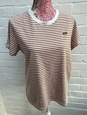 New Levis Original T Shirt Crew Neck Striped Orange Pink Logo Size Large • £19.99