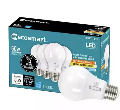 4 Pack EcoSmart 60-Watt Equivalent A19 Dimmable LED Light Bulb W/ Selectable CCT • $7.89